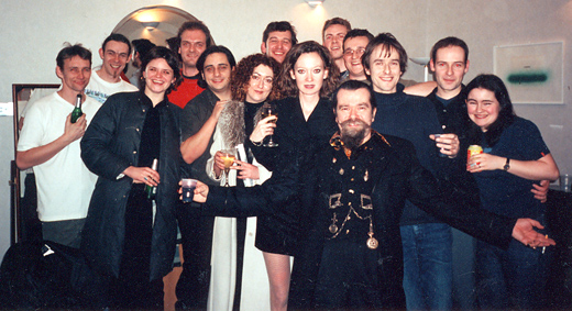 Joe Coleman with producer Alex Poots, Olivia Garcia, and Madena Bennett, as well as members of Scottish band The Delgados, who performed live at the Barbican Theatre, London, to accompany a film of Coleman’s portraits.